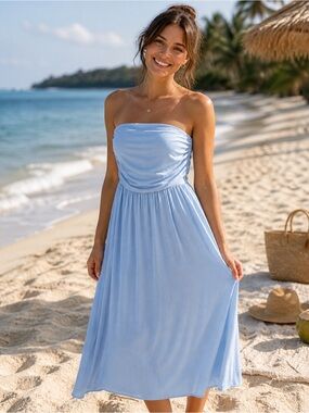 Universal Thread Linen Blend Strapless Sky Blue Midi Dress Size XL